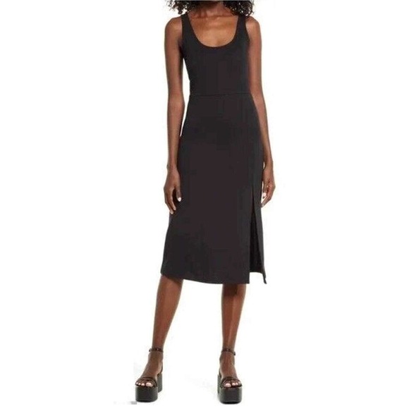 Open Edit Sleeveless Midi Dress Black Scoop Neck Fitted Slit Casual Elegant LBD - Picture 1 of 12